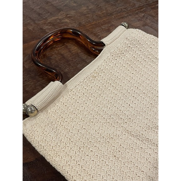Vintage Crochet Purse Handbag Ivory Knit Brown Tortoise Lucite Handles Lined - Picture 2 of 10